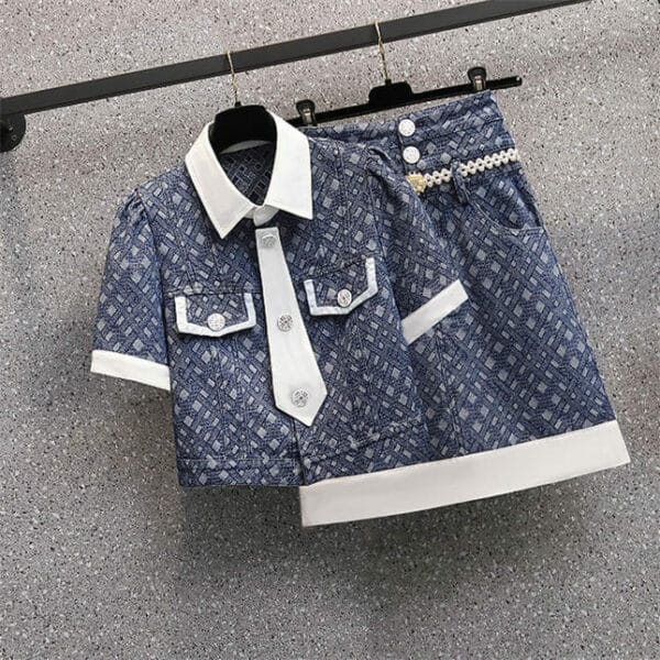 Preppy Fashion Tie Doll Collar Plaids Denim Dress Set 3