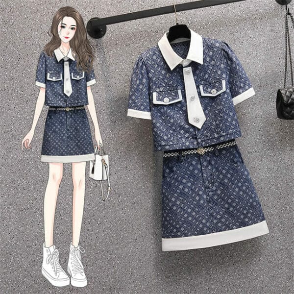 Preppy Fashion Tie Doll Collar Plaids Denim Dress Set 2