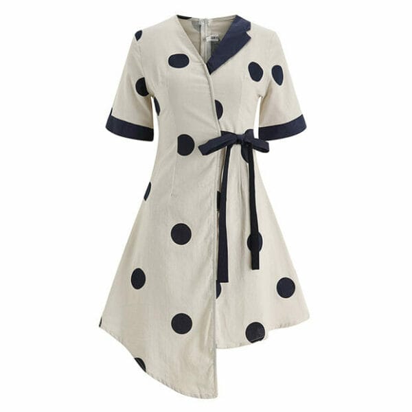 Preppy Fashion Tie Waist Color Block Dots A-line Dress 6