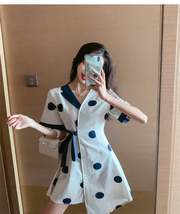 Preppy Fashion Tie Waist Color Block Dots A-line Dress 4