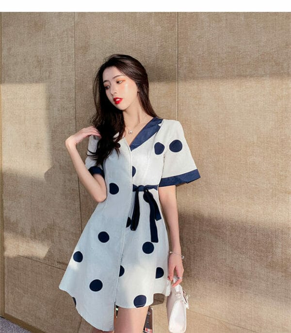 Preppy Fashion Tie Waist Color Block Dots A-line Dress 3