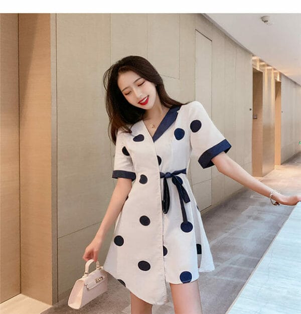 Preppy Fashion Tie Waist Color Block Dots A-line Dress 2