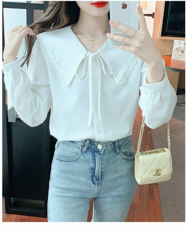 Preppy Girl 2 Colors Doll Collar Long Sleeve Loosen Blouse 4