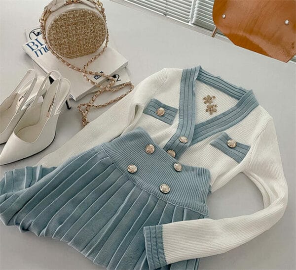 Preppy Girl Buttons V-neck Color Block Pleated Knitting Dress Set 6