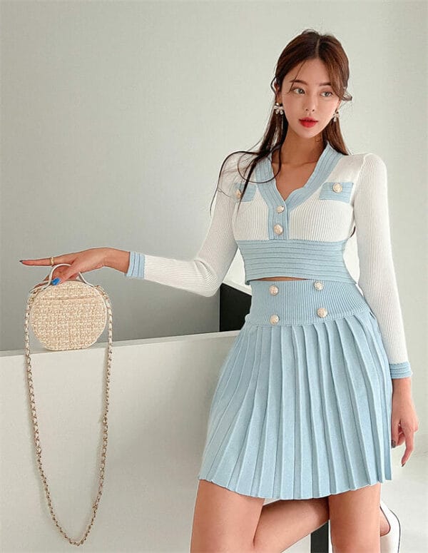 Preppy Girl Buttons V-neck Color Block Pleated Knitting Dress Set 5