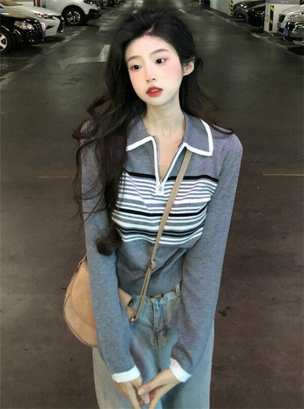 Preppy Girl Fashion 3 Colors Zipper Shirt Collar Stripes T-shirt 1