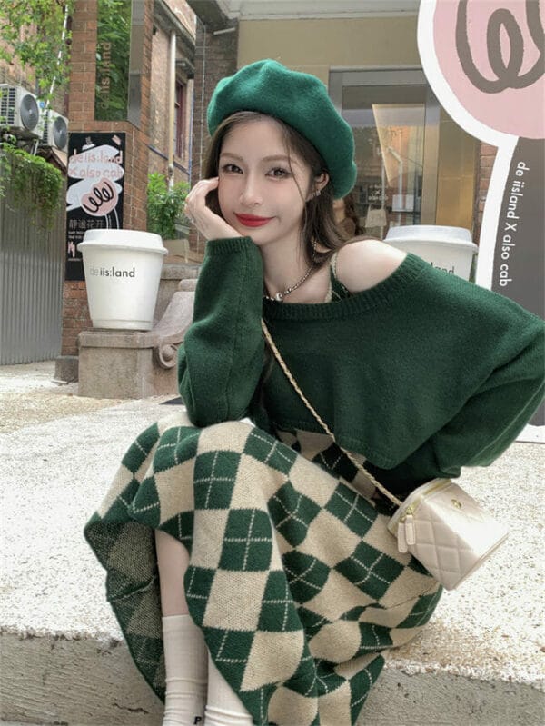 Preppy Girl Loosen Tops with Plaids Straps Knitting Dress 5