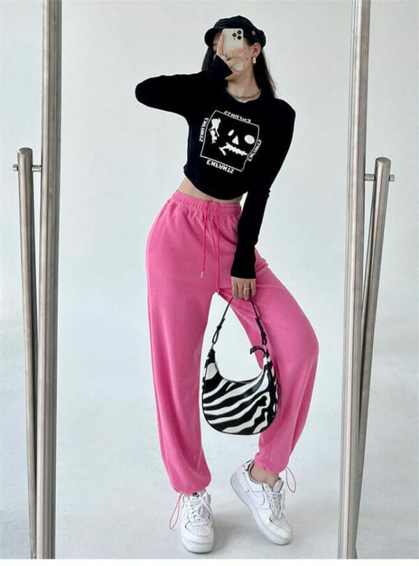 Preppy Girl Printings Cotton T-shirt with Jogger Long Pants 2