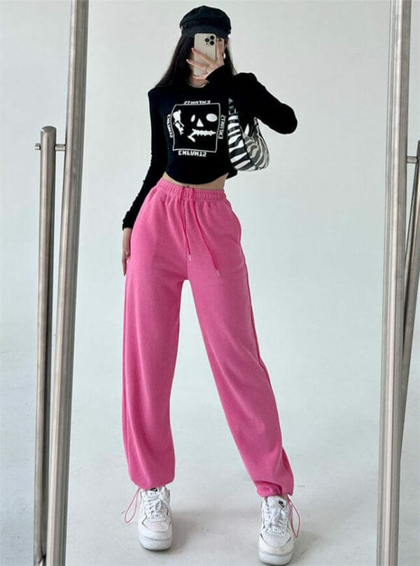 Preppy Girl Printings Cotton T-shirt with Jogger Long Pants 1