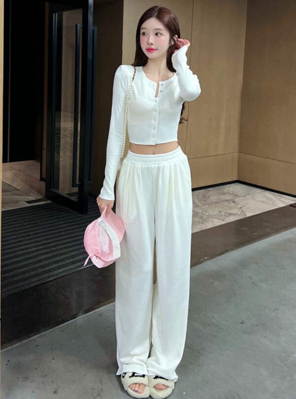 Preppy Girl Single-breasted Tops with Wide-leg Long Pants 2