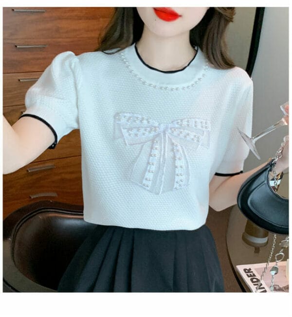 Preppy Girlish 2 Colors Beads Bowknot Round Neck T-shirt 5