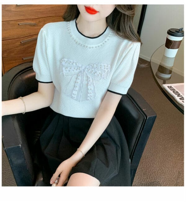 Preppy Girlish 2 Colors Beads Bowknot Round Neck T-shirt 4