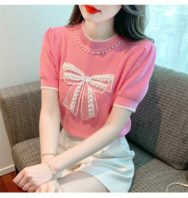 Preppy Girlish 2 Colors Beads Bowknot Round Neck T-shirt 3