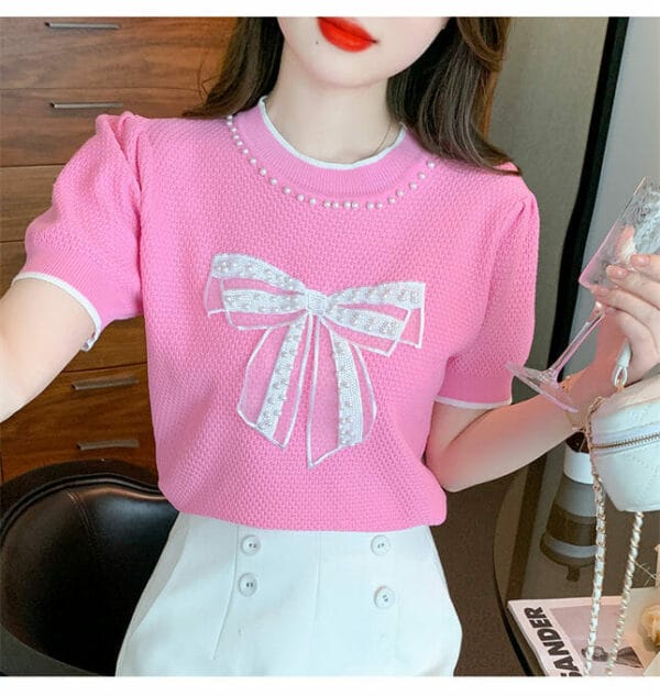 Preppy Girlish 2 Colors Beads Bowknot Round Neck T-shirt 2