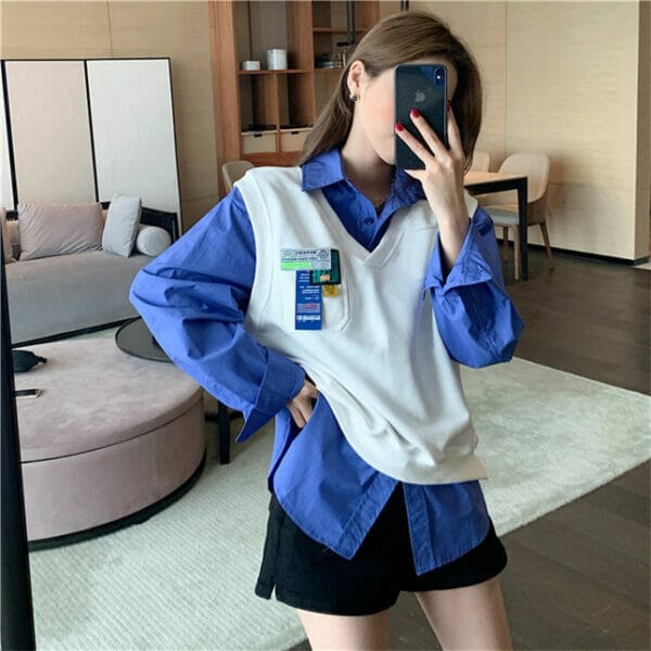 Preppy Girls 2 Colors Loosen Long Blouse with Patches Knit Vest 6