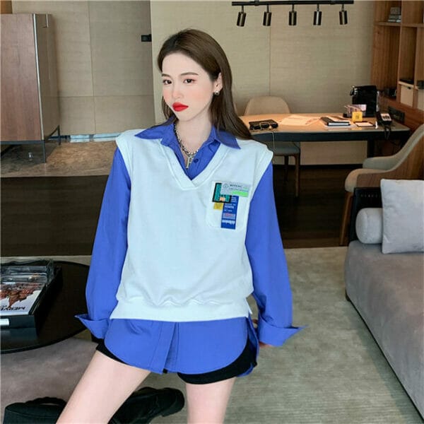 Preppy Girls 2 Colors Loosen Long Blouse with Patches Knit Vest 5