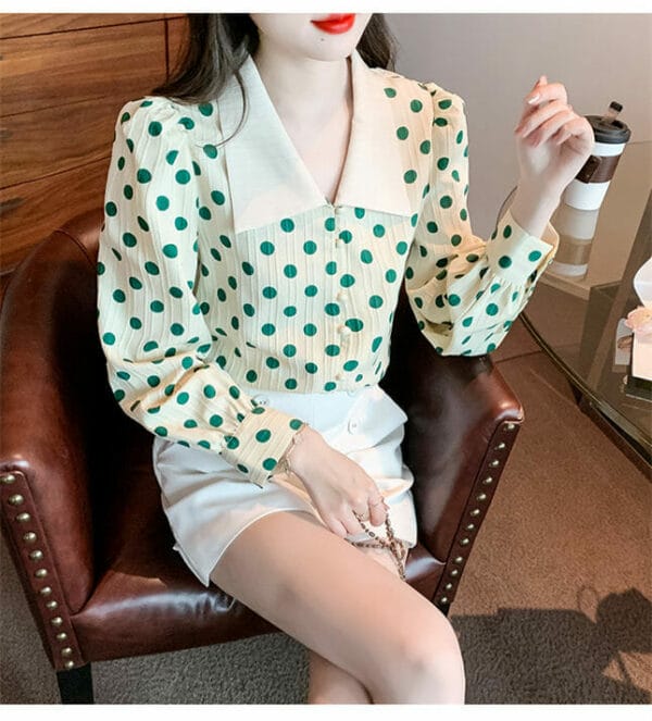 Preppy Girls Doll Collar Green Dots Long Sleeve Blouse 5