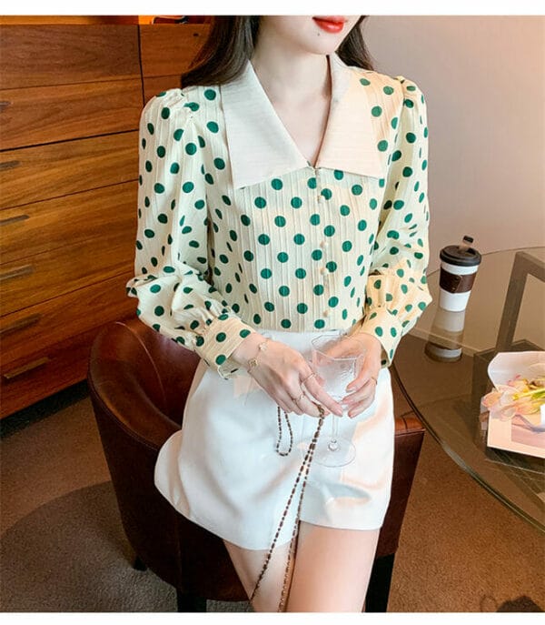 Preppy Girls Doll Collar Green Dots Long Sleeve Blouse 4