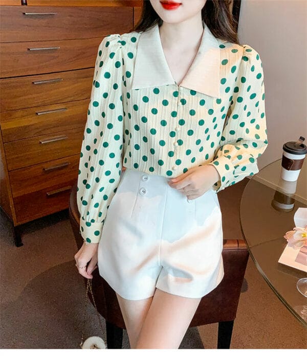 Preppy Girls Doll Collar Green Dots Long Sleeve Blouse 3