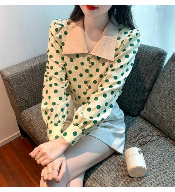 Preppy Girls Doll Collar Green Dots Long Sleeve Blouse 2