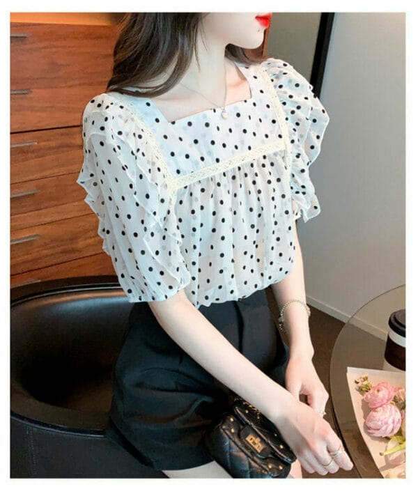 Preppy Girls Square Collar Dots Puff Sleeve Blouse 4