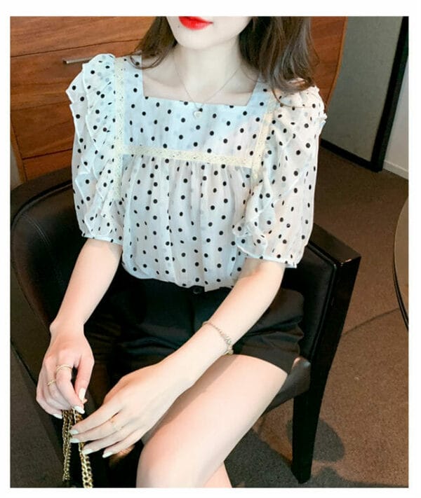 Preppy Girls Square Collar Dots Puff Sleeve Blouse 3