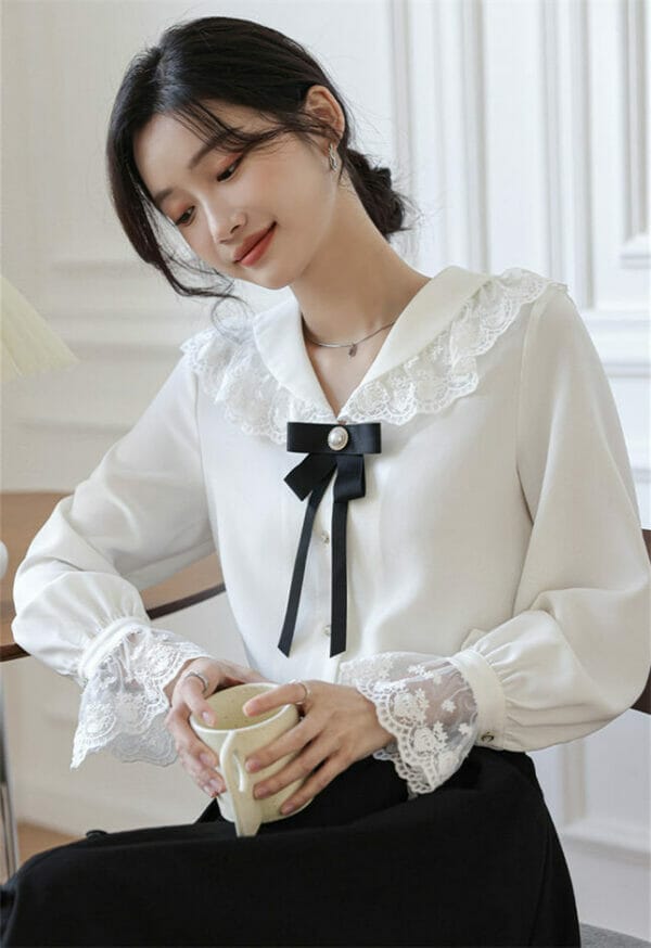 Preppy Lace Doll Collar Bowknot Long Sleeve Blouse 3