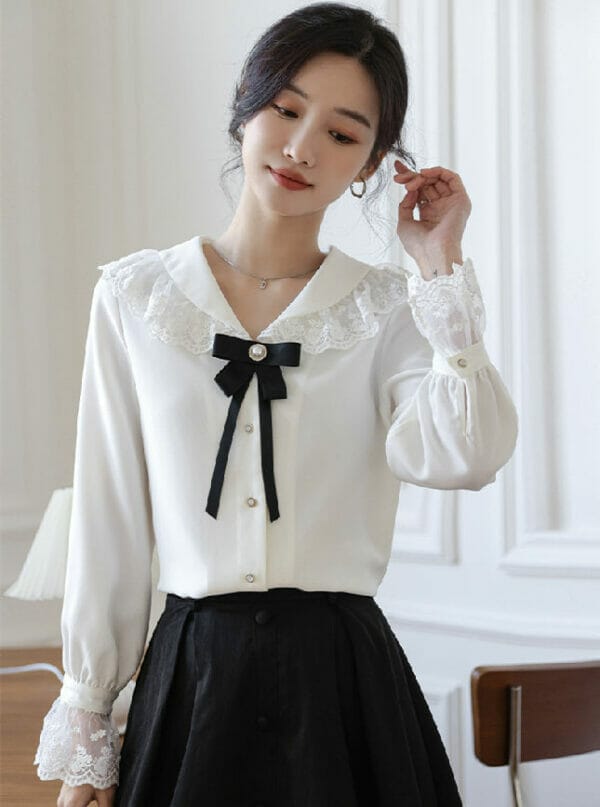 Preppy Lace Doll Collar Bowknot Long Sleeve Blouse 2