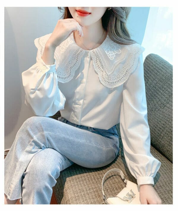 Preppy Lace Doll Collar Puff Sleeve Blouse 5