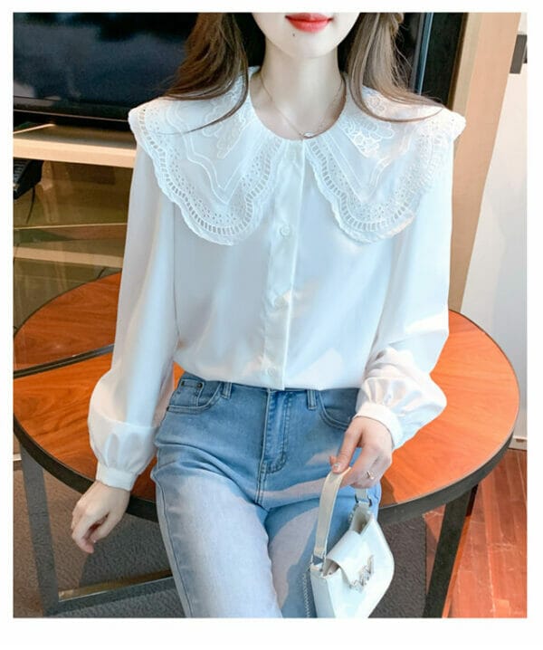 Preppy Lace Doll Collar Puff Sleeve Blouse 2