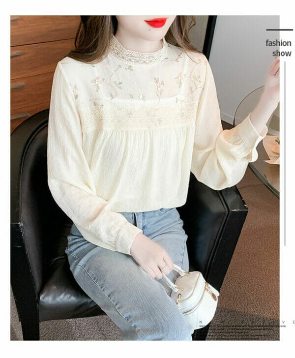 Preppy Lace Stand Collar Embroidery Loosen Blouse 3