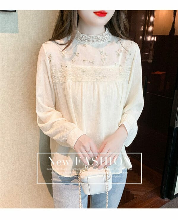 Preppy Lace Stand Collar Embroidery Loosen Blouse 2