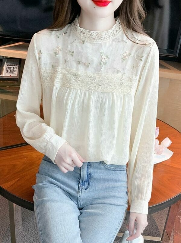 Preppy Lace Stand Collar Embroidery Loosen Blouse 1