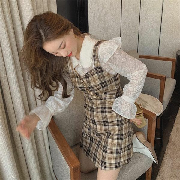 Preppy New Doll Collar Lace Blouse with Plaids Straps Dress 5