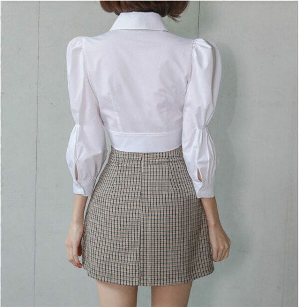 Preppy OL Puff Sleeve Blouse with Plaids A-line Short Skirt 6