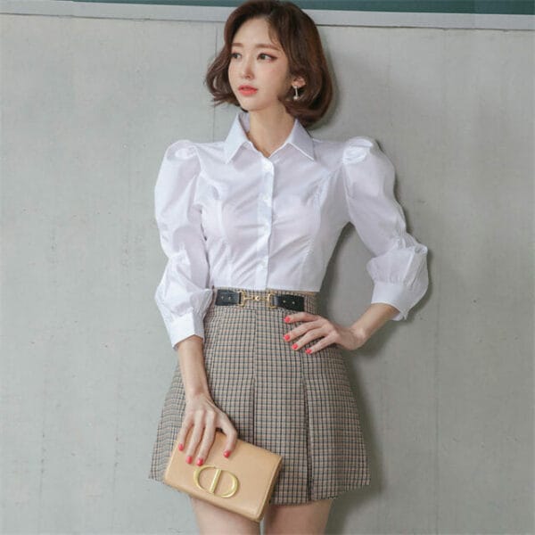 Preppy OL Puff Sleeve Blouse with Plaids A-line Short Skirt 5