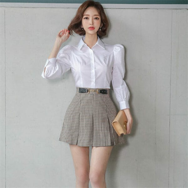 Preppy OL Puff Sleeve Blouse with Plaids A-line Short Skirt 4