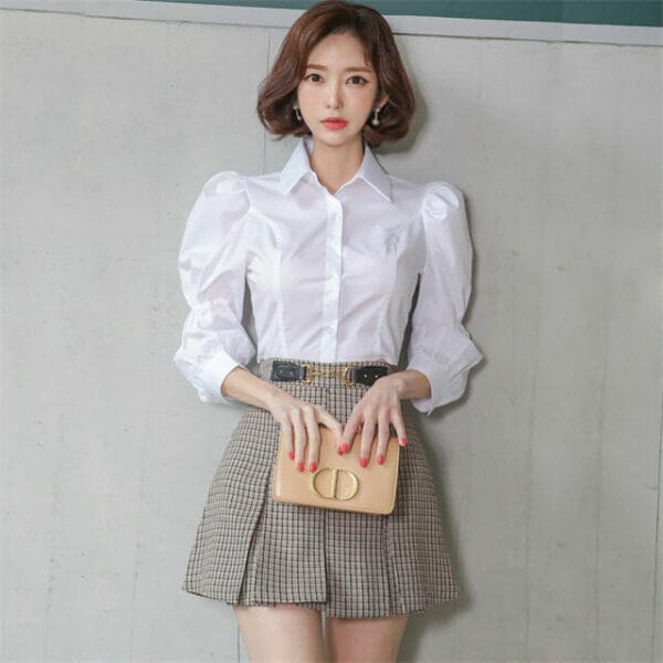 Preppy OL Puff Sleeve Blouse with Plaids A-line Short Skirt 2