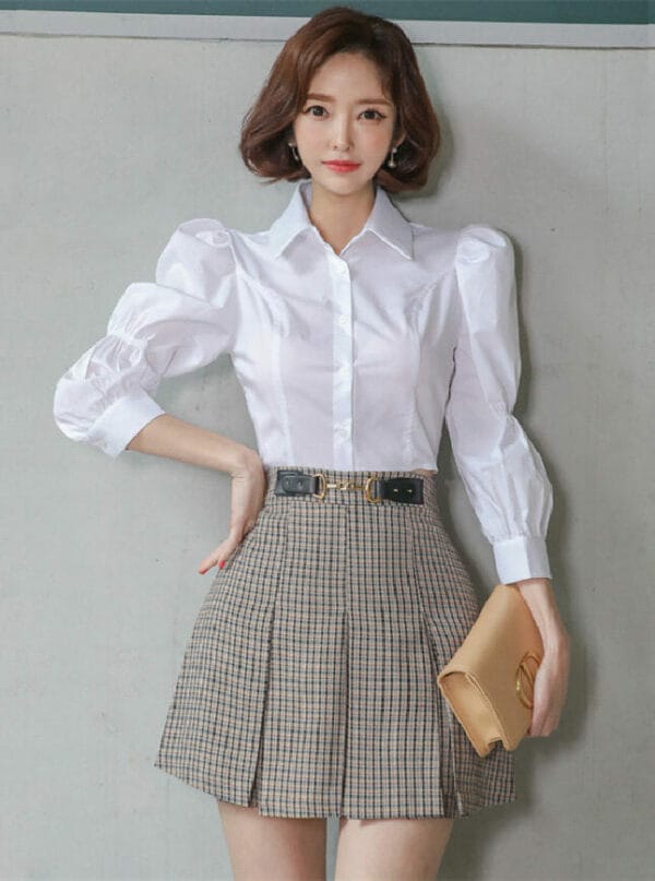 Preppy OL Puff Sleeve Blouse with Plaids A-line Short Skirt 1