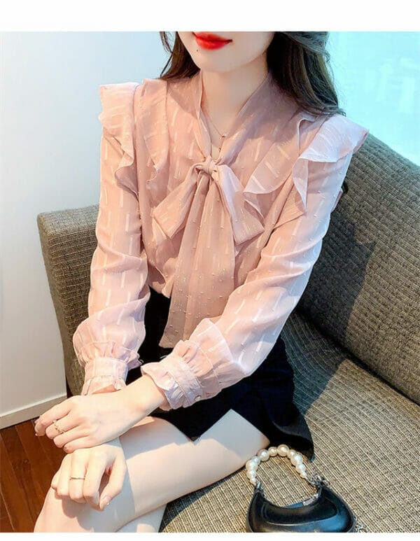 Preppy OL Tie Bowknot Collar Flouncing Chiffon Blouse 2