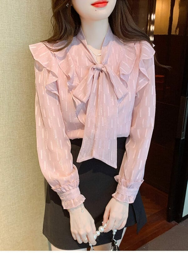 Preppy OL Tie Bowknot Collar Flouncing Chiffon Blouse 1