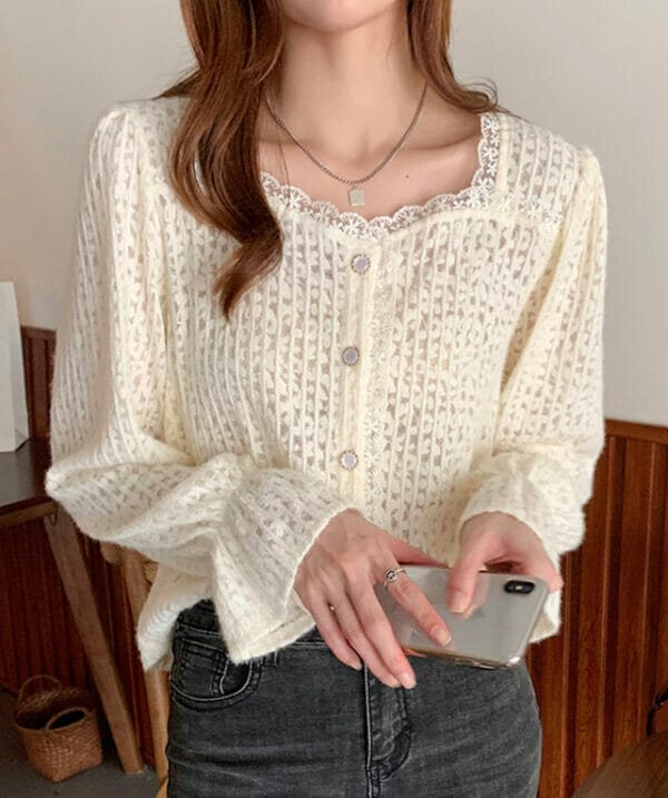 Preppy Retro Square Collar Lace Flare Sleeve Blouse 2