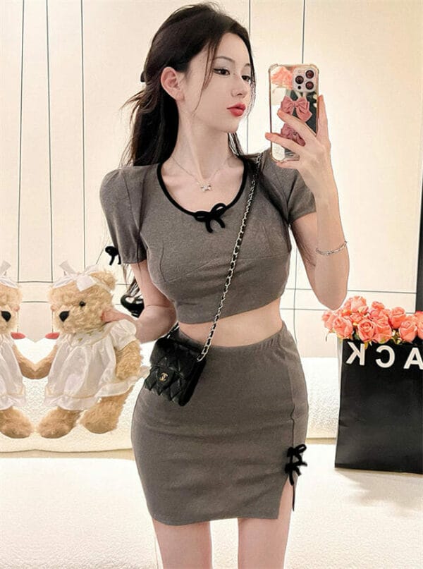 Preppy Sexy Bowknot Round Neck Bare-midriff Dress Set 1