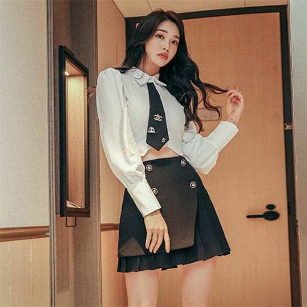 Preppy Sexy Puff Sleeve Tie Short Blouse with A-line Skirt 4