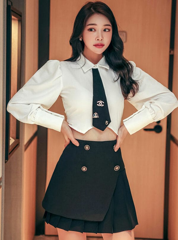 Preppy Sexy Puff Sleeve Tie Short Blouse with A-line Skirt 1