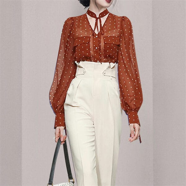 Pretty 2 Colors Dots Chiffon Blouse with High Waist Long Pants 6