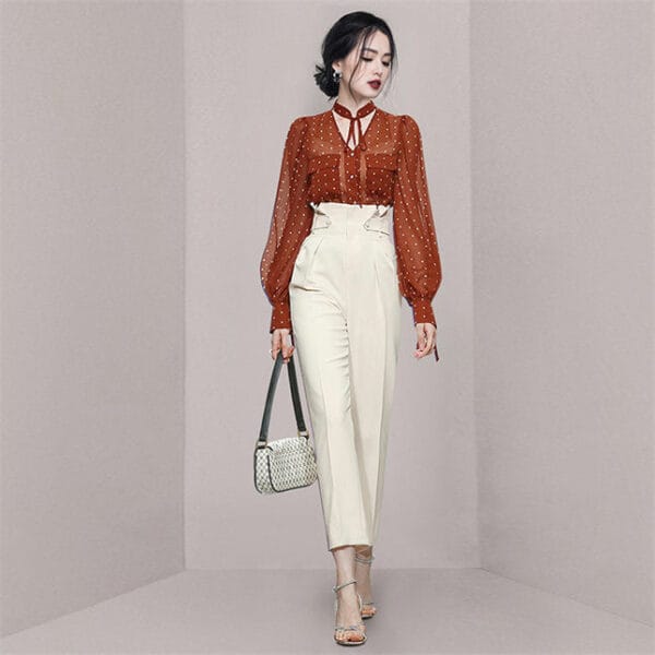 Pretty 2 Colors Dots Chiffon Blouse with High Waist Long Pants 4