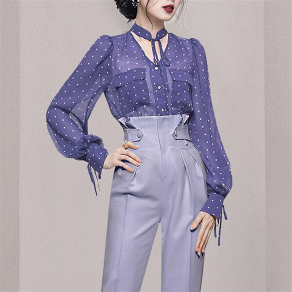 Pretty 2 Colors Dots Chiffon Blouse with High Waist Long Pants 3