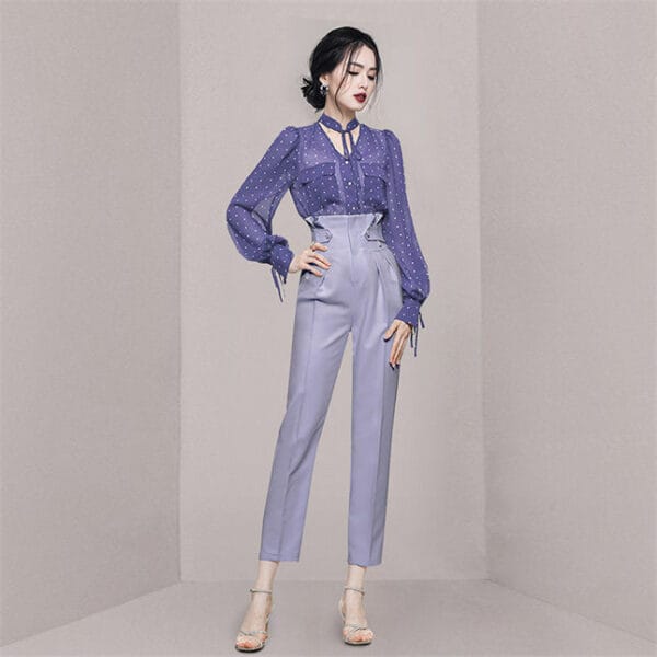 Pretty 2 Colors Dots Chiffon Blouse with High Waist Long Pants 2