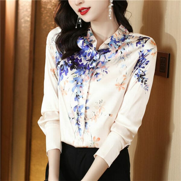 Pretty 2 Colors Flowers Shirt Collar Silk Blouse 2